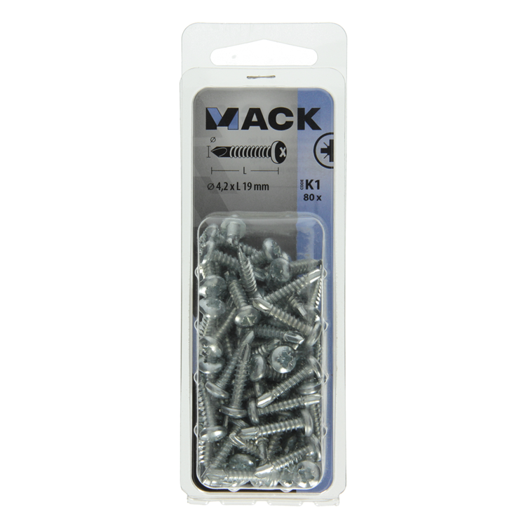 Mack 1018084 – selbstbohrende Schraube mit Zylinderkopf plattiert. 80 Stück 4,2 x 19 mm | 5 Stück