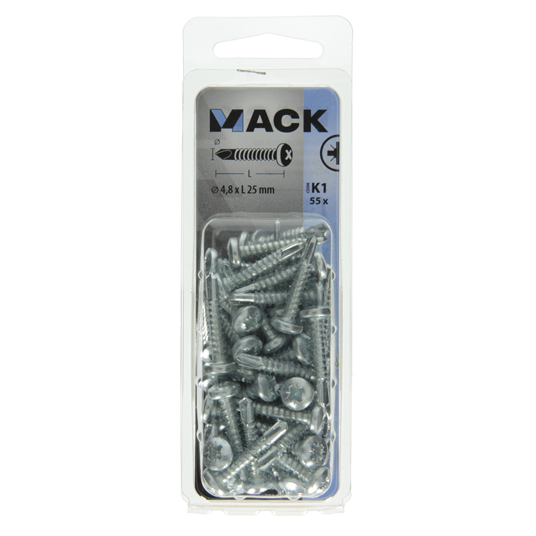 Mack 1018086 – selbstbohrende Schraube Zylinderkopf plattiert 55 Stück 4,8 x 25 mm | 5 Stück