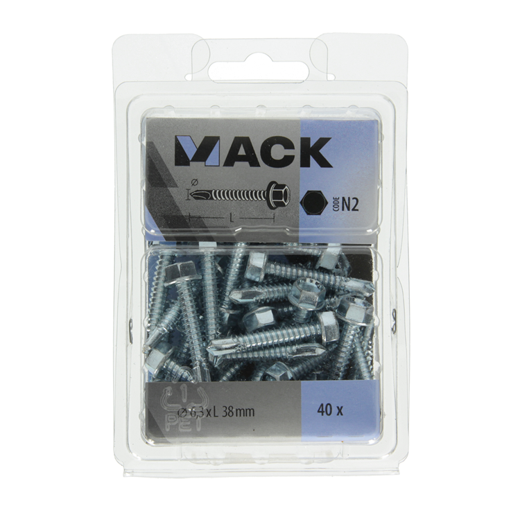 Mack 1018089 – selbstbohrende Sechskantschraube. Kopf verzinkt. 40 Stück 6,3 x 38 mm | 5 Stück
