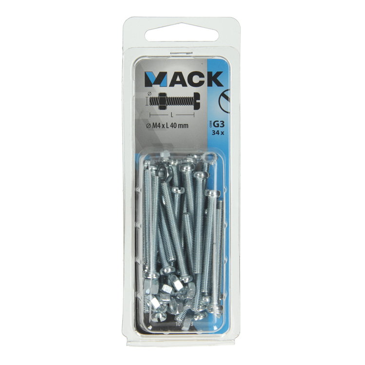 Mack 1018093 - Metallschraubzyl. Kopf + Mutter plattiert 34 Stück M4 x 40 mm | 5 Stück