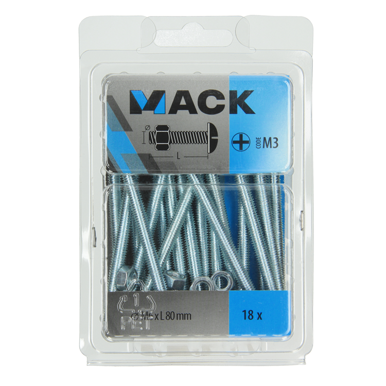 Mack 1018105 – Heizungsschraube + Mutter aus verzinktem Stahl, 18 Stück, M6 x 80 mm | 5 Stück