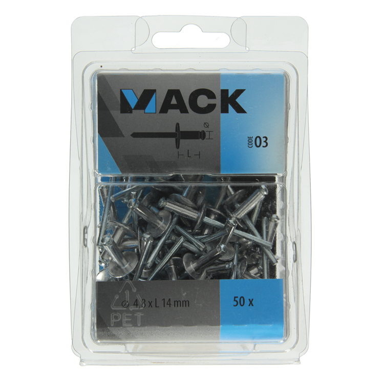 Mack 1020319 – 50 Blindklammern, Aluminium, breiter Kopf, 4,8 x 14 mm | 3 Stück