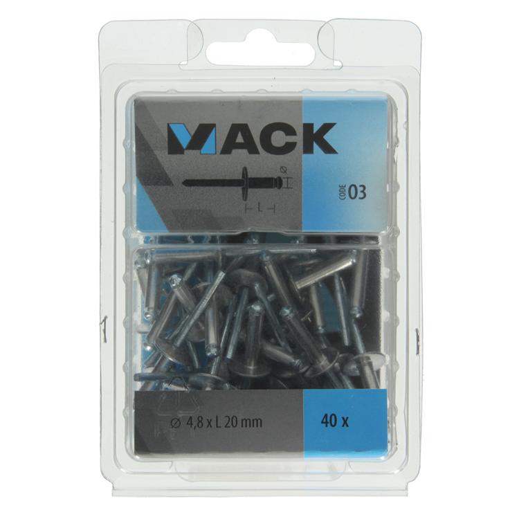 Mack 1020320 – 40 Blindklammern, Aluminium, breiter Kopf, 4,8 x 20 mm | 3 Stück