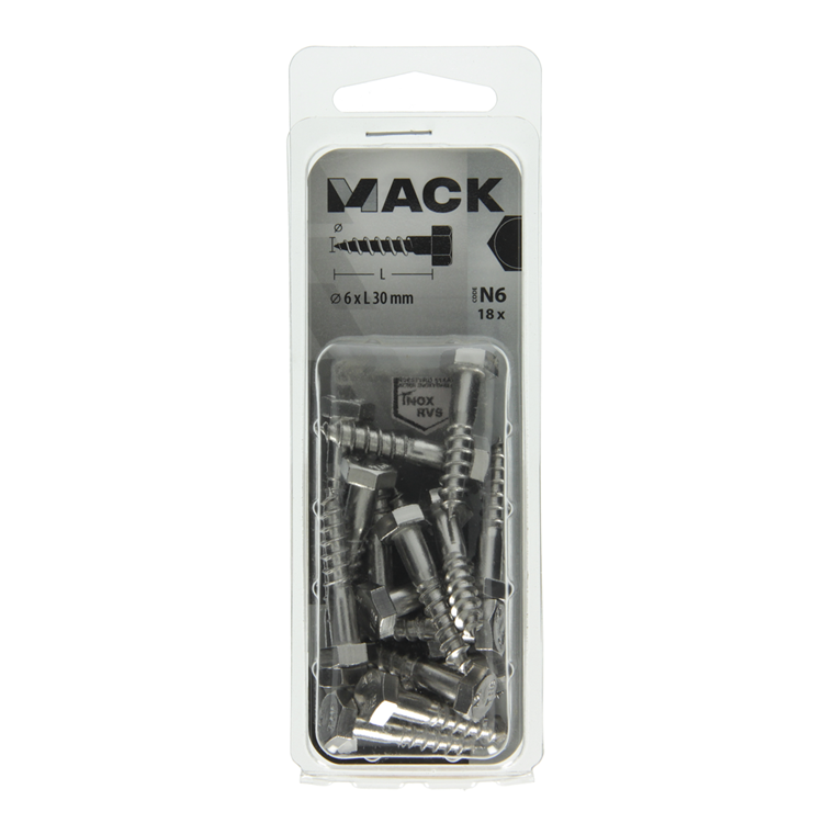 Mack 1020007 - Holzgewindebolzen Edelstahl 18 Stück 6 x 30 mm | 5 Stück