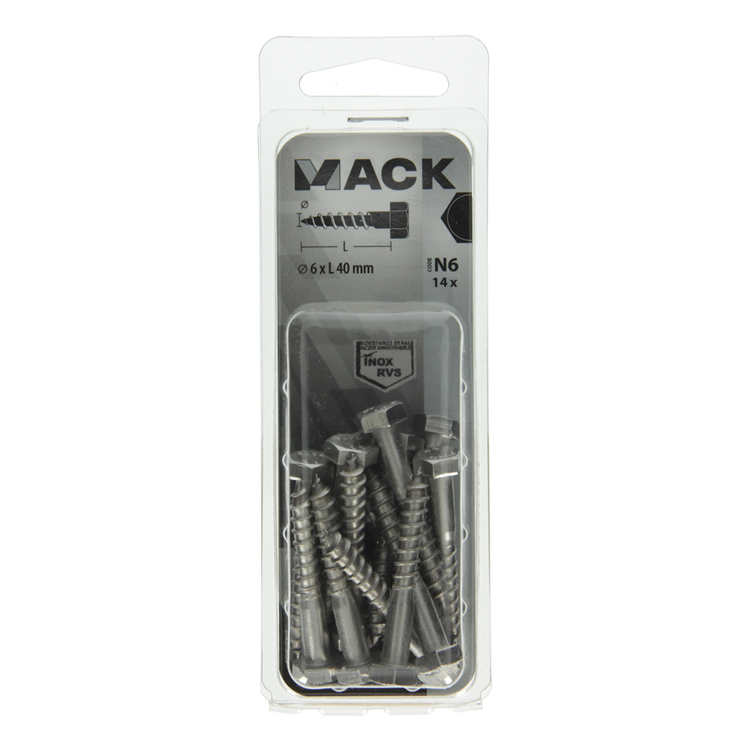 Mack 1020008 - Holzgewindebolzen Edelstahl 14 Stück 6 x 40 mm | 5 Stück
