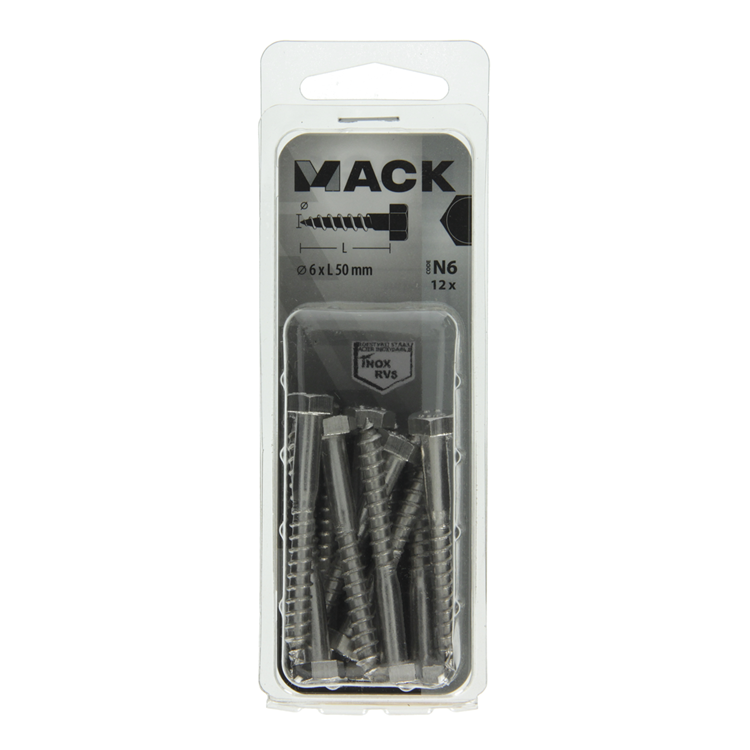 Mack 1020009 - Holzgewindebolzen Edelstahl 12 Stück 6 x 50 mm | 5 Stück