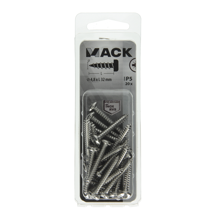 Mack 1020016 – selbstschneidende Schraube Zylinderkopf A2 20 Stück 4,8 x 32 mm | 5 Stück