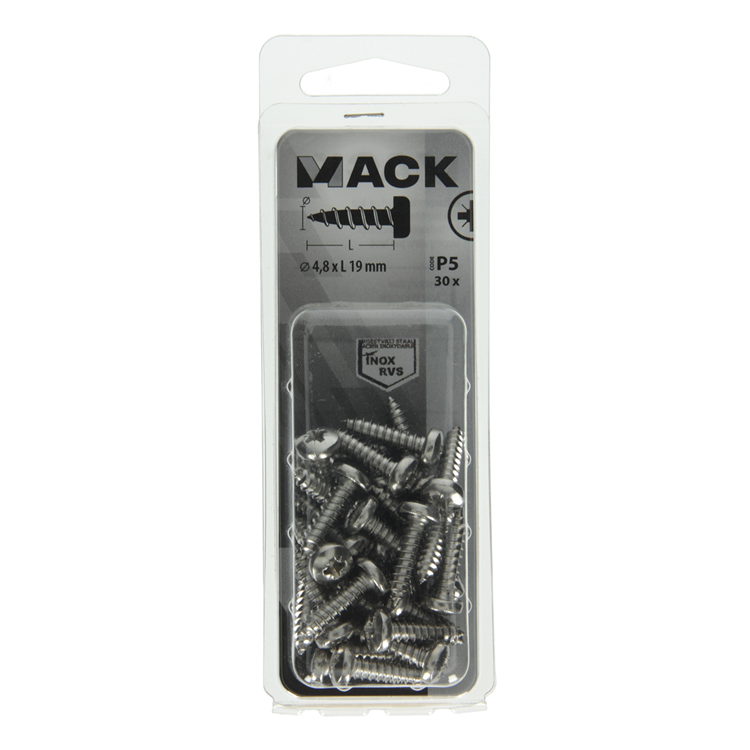 Mack 1020019 – selbstschneidende Schraube Zylinderkopf A2 30 Stück 4,8 x 19 mm | 5 Stück
