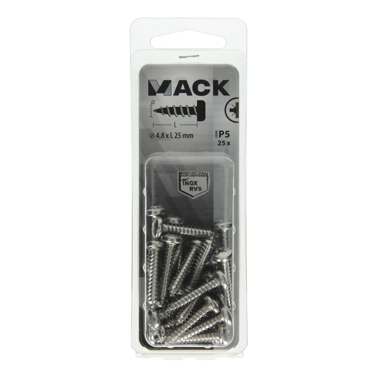 Mack 1020020 – selbstschneidende Schraube Zylinderkopf A2 25 Stück 4,8 x 25 mm | 5 Stück