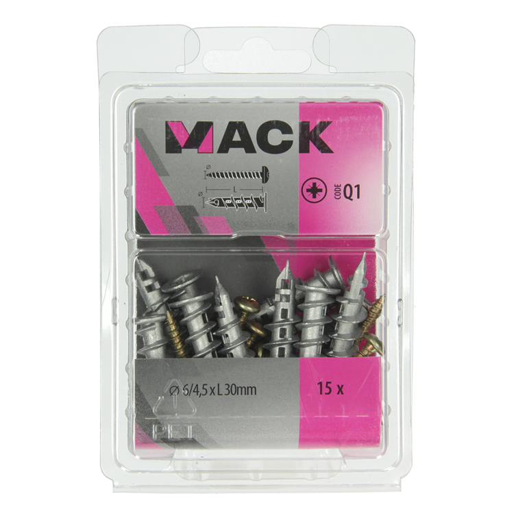 Mack 1018161 – Bohrdübel für Gipskarton + Schraube. Zamak 15 Stück 6 x 38 mm | 5 Stück