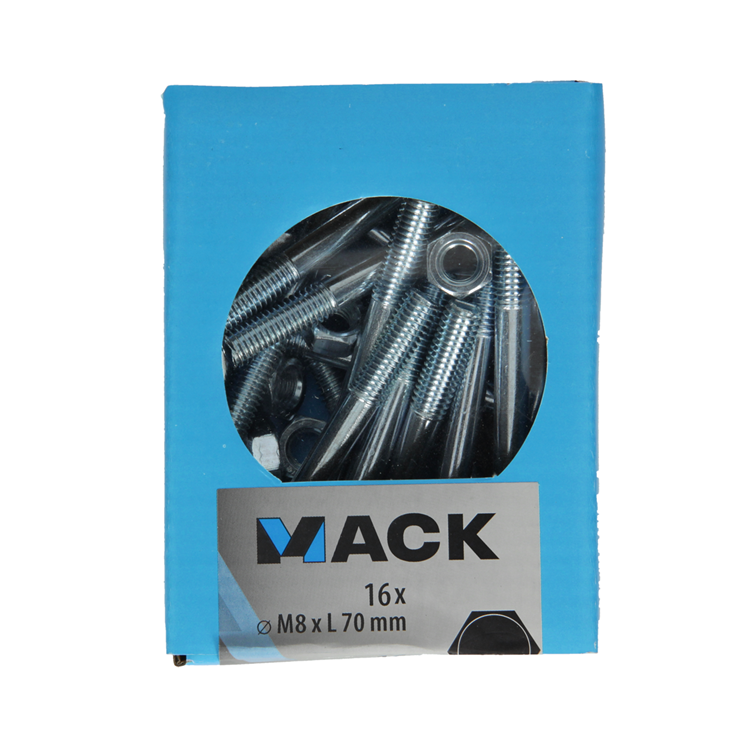 Mack 1020208 – Holzschraube + Mutter verzinkt 16 stm8 x 70 mm | 5 Stück
