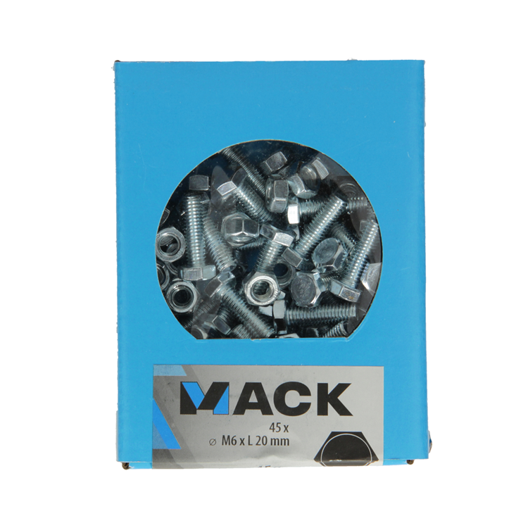 Mack 1020214 – Hahnschraube + Mutter verzinkt 45 Stück M6 x 20 mm | 5 Stück