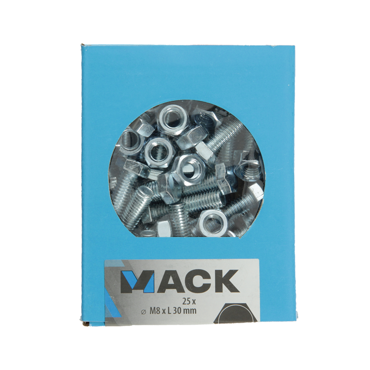 Mack 1020220 – Hahnschraube + Mutter verzinkt 25 Stück M8 x 30 mm | 5 Stück