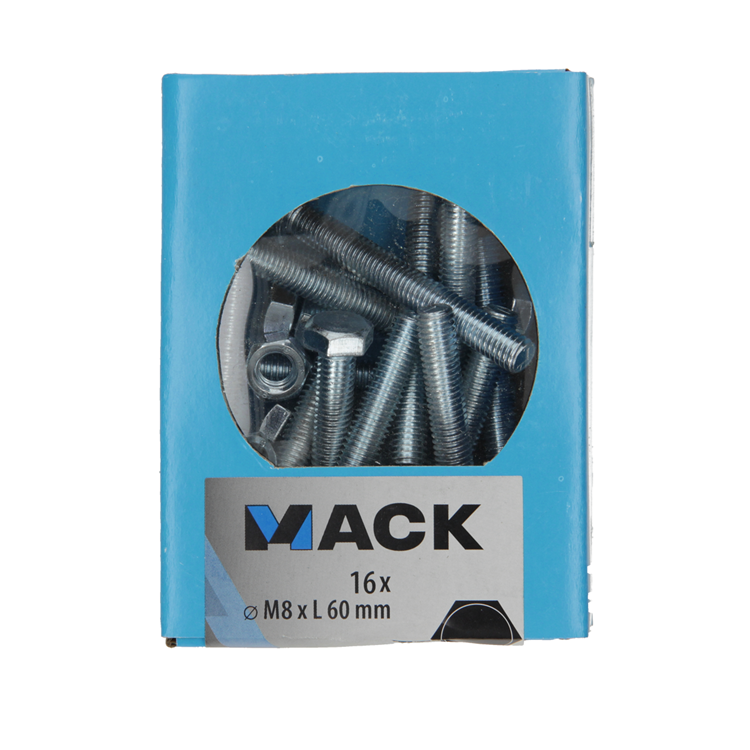 Mack 1020222 – Hahnschraube + Mutter verzinkt 16 Stück M8 x 60 mm | 5 Stück
