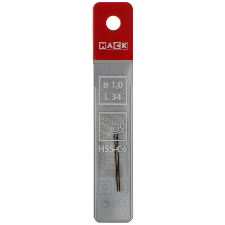 Mack 1018418 - Metallbohrer HSS CO5% DIN 338 ø 1,0 x 34 mm 2 Stück | 5 Stück