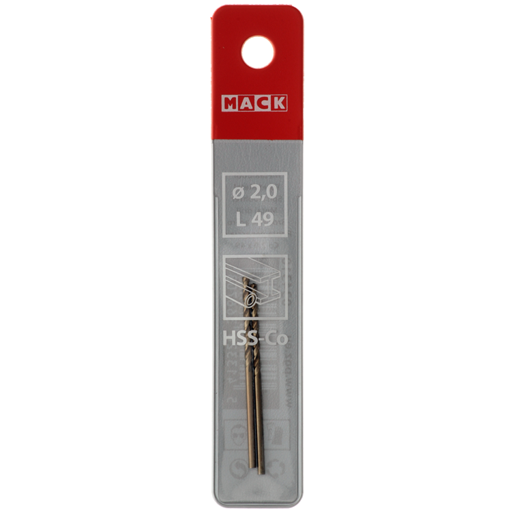 Mack 1018420 - Metallbohrer HSS CO5% DIN 338 ø 2,0 x 49 mm 2 Stück | 5 Stück