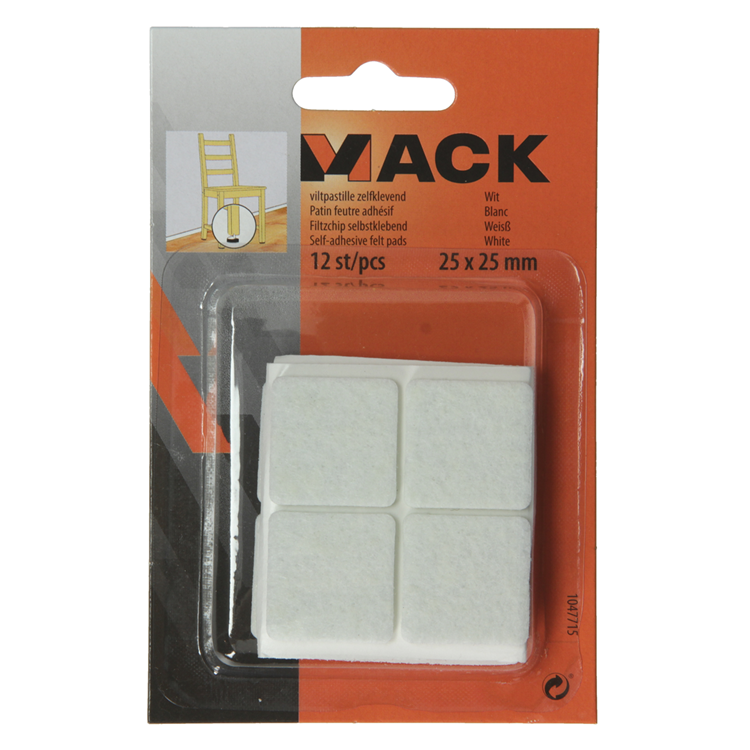 Mack 1047715 - Filzpastille selbstklebend weiß 25 x 25 mm 12 Stück | 12 Stück