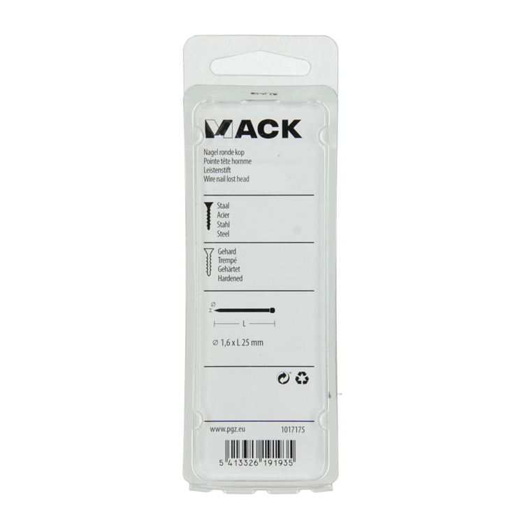 Mack 1017175 – Nagel Rundkopf Stahl gehärtet 45 Grad 1,6 x 25 mm | 10 Stück