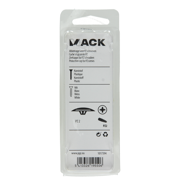 Mack 1017394 – Abdeckkappe für PZ-Schraube, Kunststoff, weiß, 40 Stück, PZ 2 | 10 Stück
