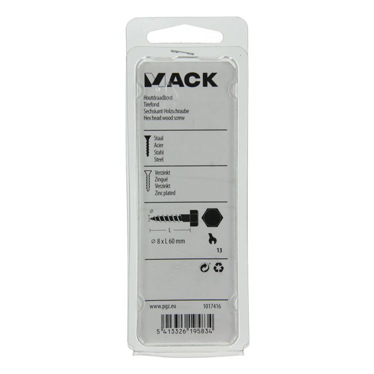 Mack 1017416 - Holzgewindebolzen Stahl verzinkt 6 Stück 8 x 60 mm | 5 Stück