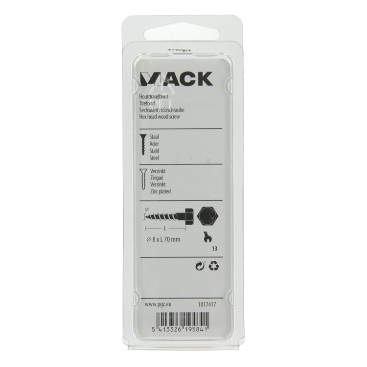 Mack 1017417 - Holzgewindebolzen Stahl verzinkt 5 Stück 8 x 70 mm | 5 Stück