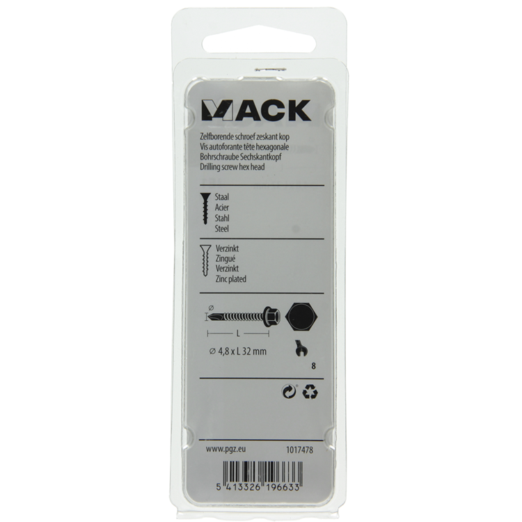 Mack 1017478 – selbstbohrende Sechskantschraube. Kopf verzinkt. 18 Stück 4,8 x 32 mm | 5 Stück