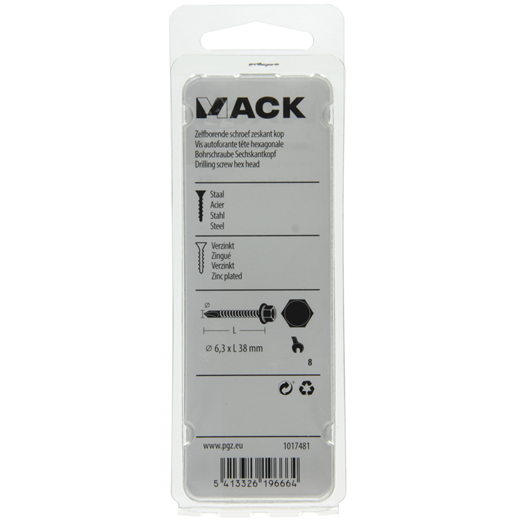 Mack 1017481 – selbstbohrende Sechskantschraube. Kopf verzinkt. 12 Stück 6,3 x 38 mm | 5 Stück