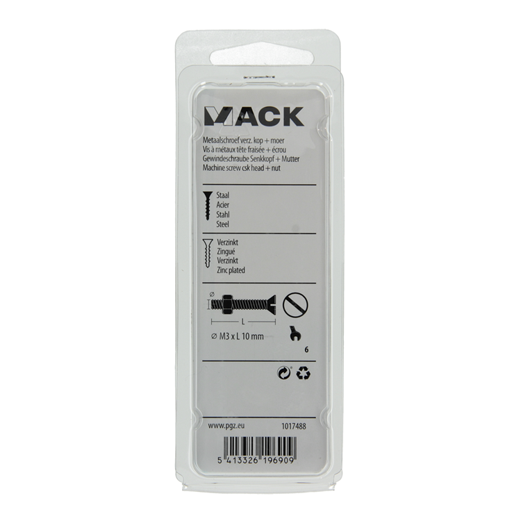 Mack 1017488 – Metallschraube verzinkt. Kopf + Mutter plattiert 30 Stück m3 x 10 mm | 10 Stück
