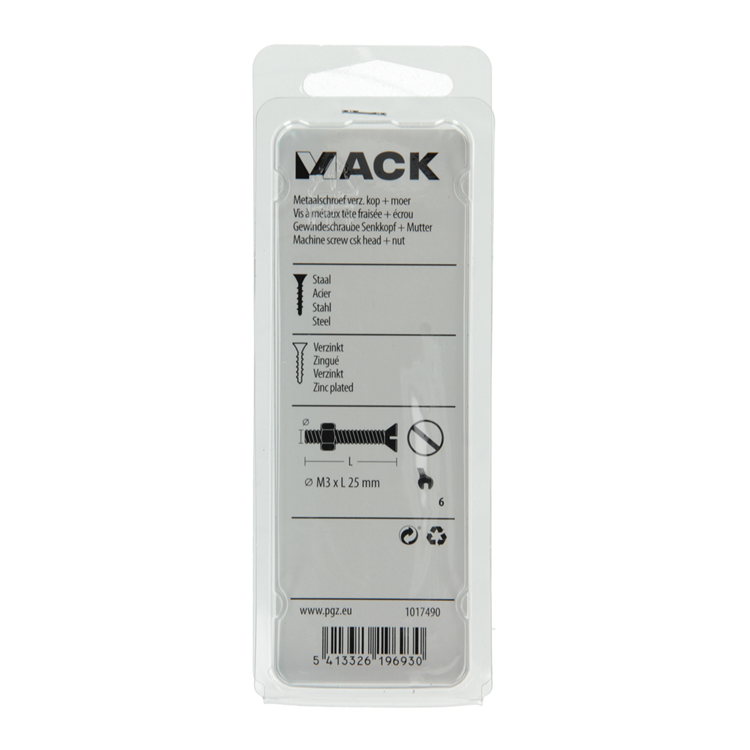 Mack 1017490 – Metallschraube verzinkt. Kopf + Mutter plattiert 22 Stück M3 x 25 mm | 10 Stück
