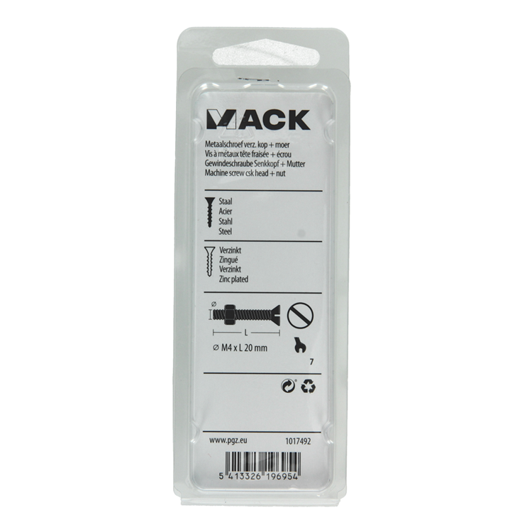 Mack 1017492 – Metallschraube verzinkt. Kopf + Mutter plattiert 18 Stück M4 x 20 mm | 10 Stück