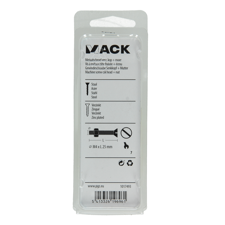 Mack 1017493 – Metallschraube verzinkt. Kopf + Mutter plattiert 16 Stück M4 x 25 mm | 10 Stück