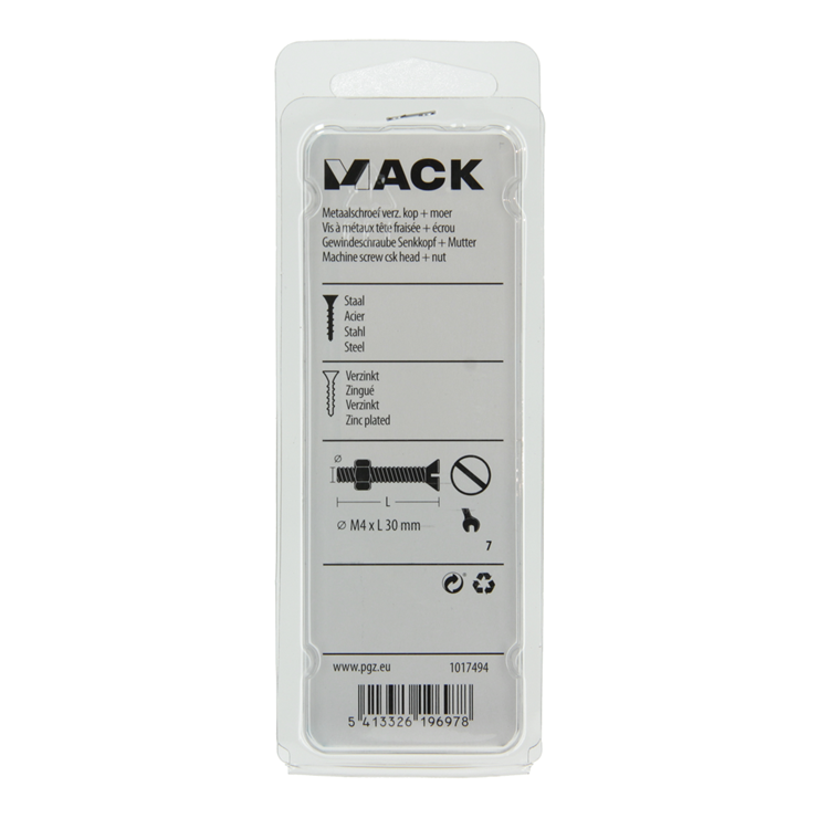 Mack 1017494 – Metallschraube verzinkt. Kopf + Mutter plattiert 14 Stück M4 x 30 mm | 10 Stück