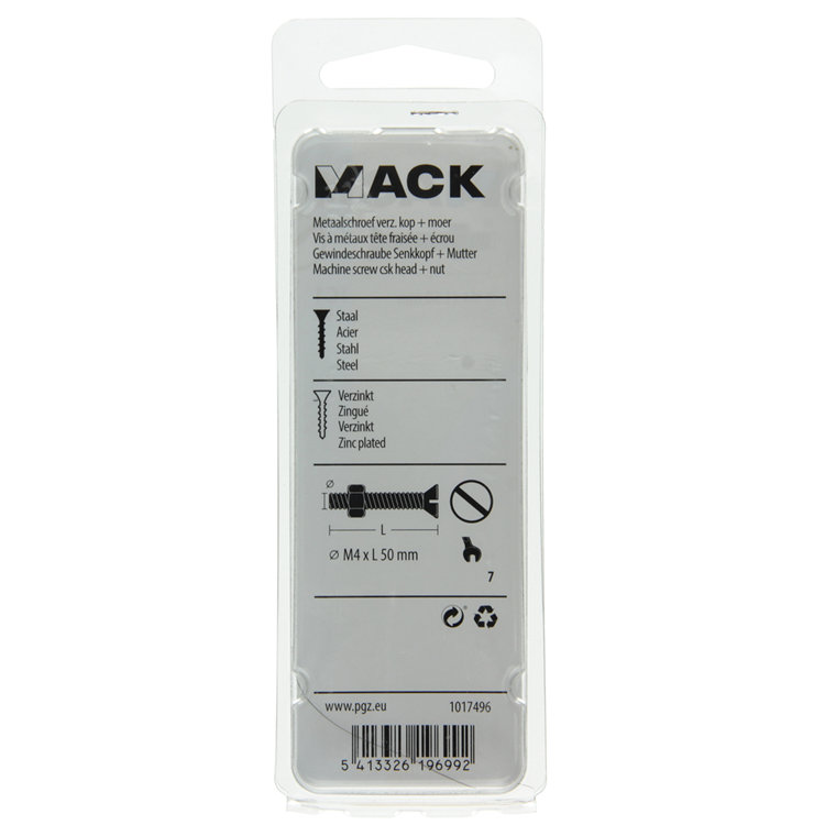 Mack 1017496 – Metallschraube verzinkt. Kopf + Mutter plattiert 9 Stück M4 x 50 mm | 10 Stück