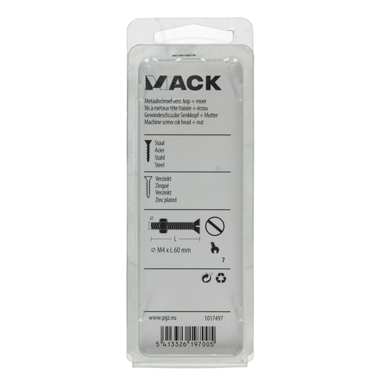 Mack 1017497 – Metallschraube verzinkt. Kopf + Mutter plattiert 6 Stück M4 x 60 mm | 10 Stück