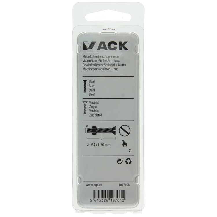 Mack 1017498 – Metallschraube verzinkt. Kopf + Mutter plattiert 4 Stück M4 x 70 mm | 10 Stück