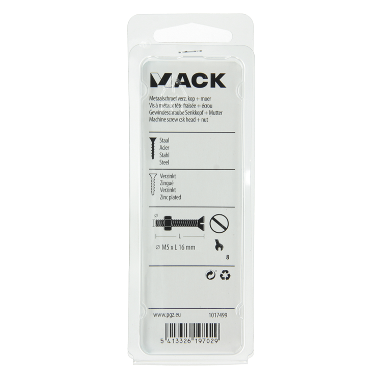 Mack 1017499 – Metallschraube verzinkt. Kopf + Mutter plattiert 16 Stück M5 x 16 mm | 10 Stück