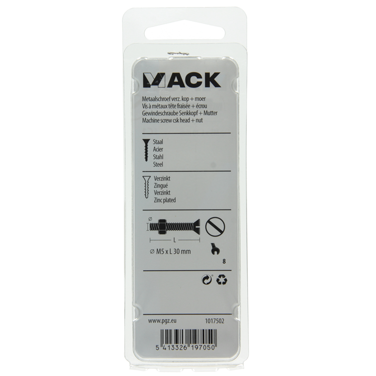 Mack 1017502 – Metallschraube verzinkt. Kopf + Mutter plattiert 13 Stück M5 x 30 mm | 10 Stück