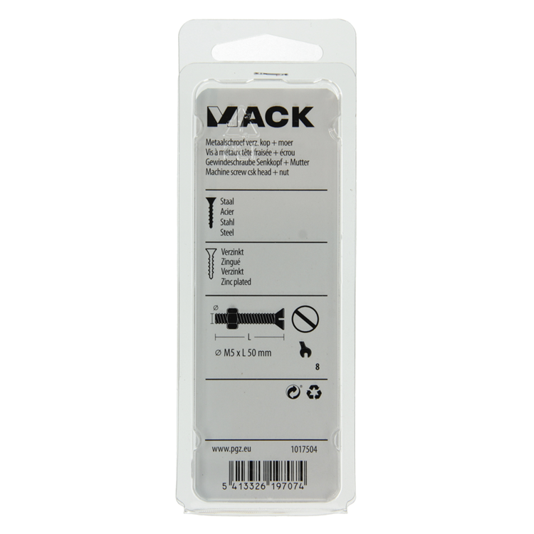 Mack 1017504 – Metallschraube verzinkt. Kopf + Mutter plattiert 8 Stück M5 x 50 mm | 10 Stück
