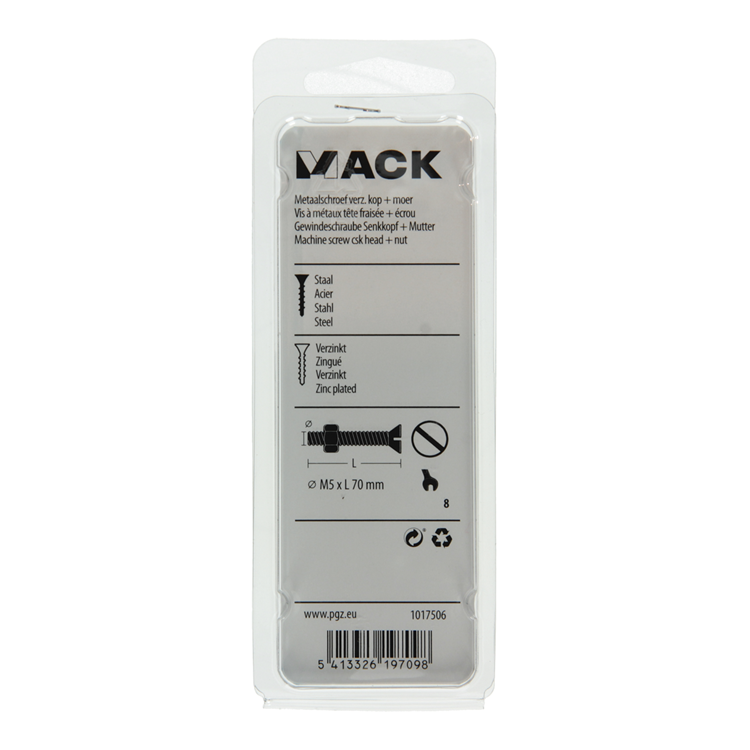 Mack 1017506 – Metallschraube verzinkt. Kopf + Mutter plattiert 6 Stück M5 x 70 mm | 10 Stück