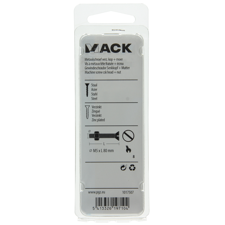 Mack 1017507 – Metallschraube verzinkt. Kopf + Mutter plattiert 5 Stück M5 x 80 mm | 10 Stück
