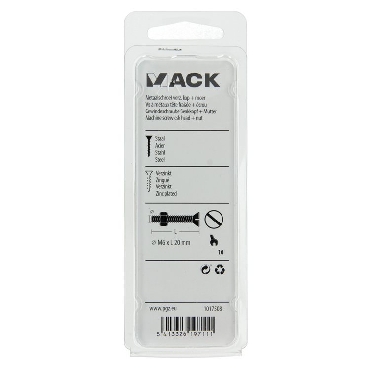 Mack 1017508 – Metallschraube verzinkt. Kopf + Mutter plattiert 10 Stück m6 x 20 mm | 10 Stück