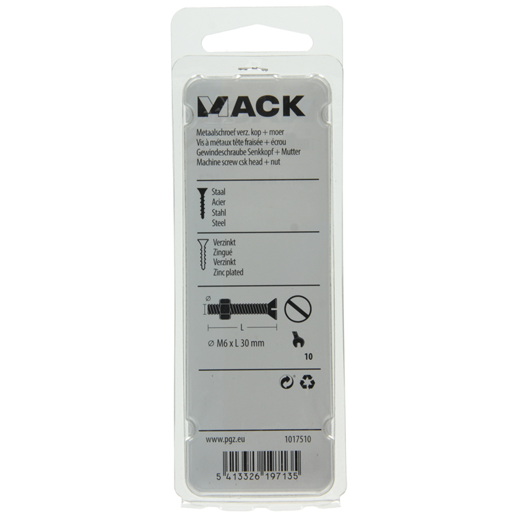 Mack 1017510 – Metallschraube verzinkt. Kopf + Mutter plattiert 8 Stück M6 x 30 mm | 10 Stück