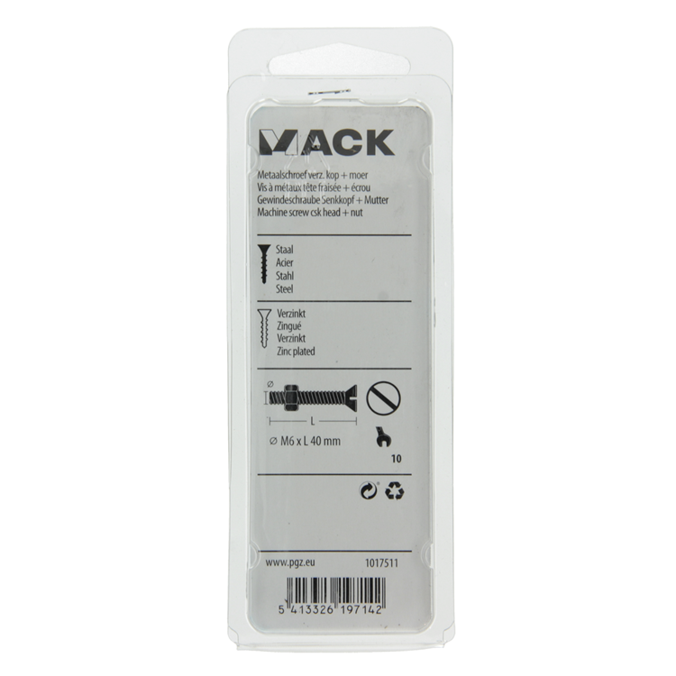 Mack 1017511 – Metallschraube verzinkt. Kopf + Mutter plattiert 6 Stück M6 x 40 mm | 10 Stück