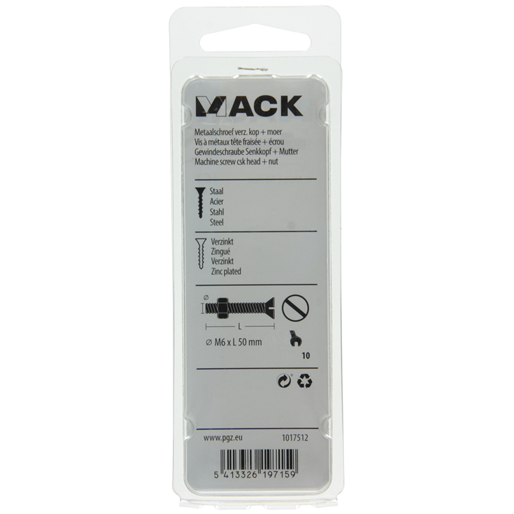 Mack 1017512 – Metallschraube verzinkt. Kopf + Mutter plattiert 6 Stück M6 x 50 mm | 10 Stück
