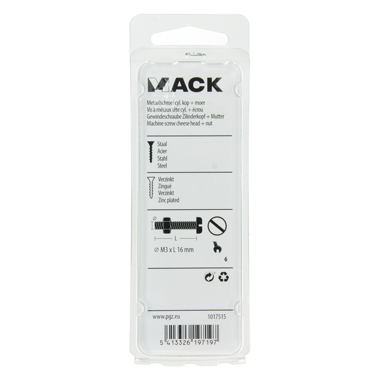 Mack 1017515 - Metallschraubzyl. Kopf + Mutter plattiert 27 Stück M3 x 16 mm | 10 Stück