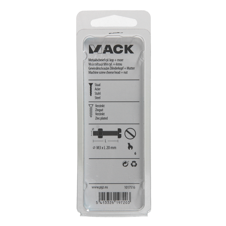 Mack 1017516 - Metallschrauben-Zyl. Kopf + Mutter plattiert 24 Stück M3 x 20 mm | 10 Stück