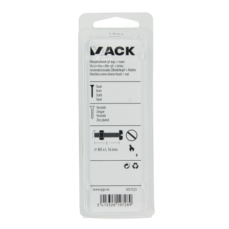 Mack 1017523 - Metallschraubzylinder Kopf + Mutter plattiert 16 Stück M5 x 16 mm | 10 Stück