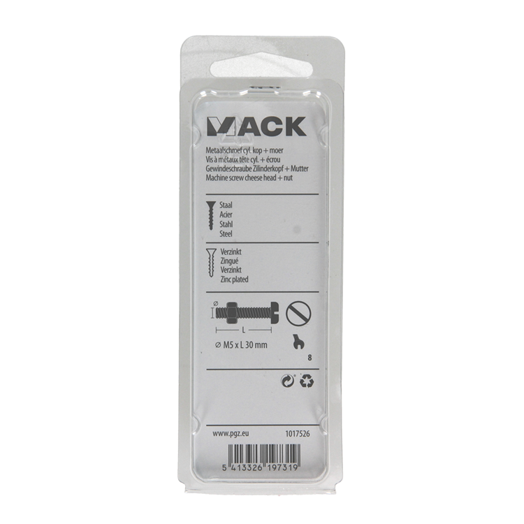 Mack 1017526 - Metallschraubzylinder Kopf + Mutter plattiert 13 Stück M5 x 30 mm | 10 Stück