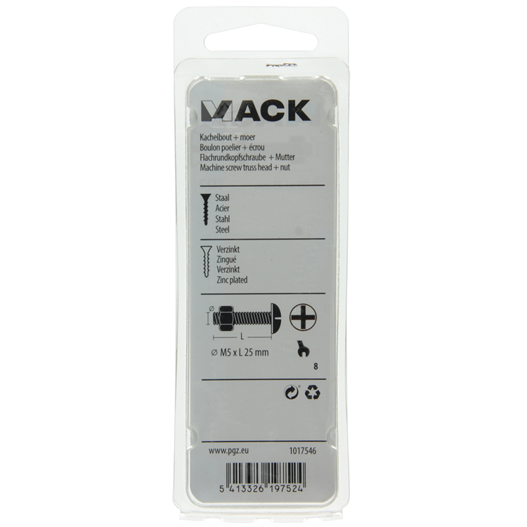 Mack 1017546 – ​​Ofenschraube + Mutter aus verzinktem Stahl, 14 Stück, M5 x 25 mm | 5 Stück