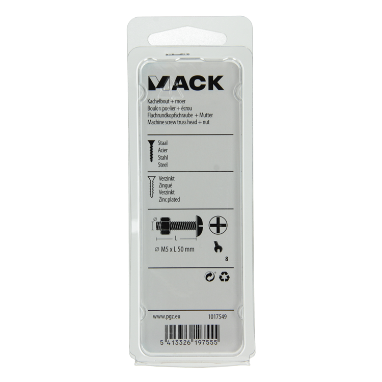 Mack 1017549 – Heizungsschraube + Mutter aus verzinktem Stahl, 8 Stück, M5 x 50 mm | 5 Stück
